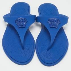 Versace Blue Rubber Medusa Thong Slide Flats Size 38.5