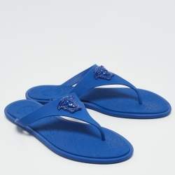 Versace Blue Rubber Medusa Thong Slide Flats Size 38.5