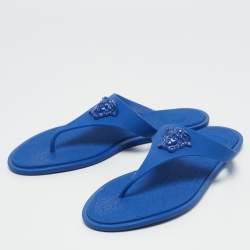 Versace Blue Rubber Medusa Thong Slide Flats Size 38.5