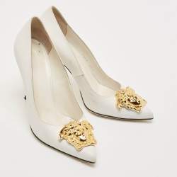 Pre Owned Versace White Leather Medusa Pointed Toe Pumps Size 36.5