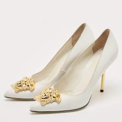 Pre Owned Versace White Leather Medusa Pointed Toe Pumps Size 36.5