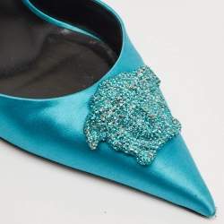 Versace Green Satin Crystal Embellished La Medusa Slingback Pumps Size 35