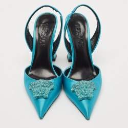 Versace Green Satin Crystal Embellished La Medusa Slingback Pumps Size 35