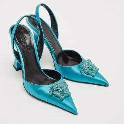 Versace Green Satin Crystal Embellished La Medusa Slingback Pumps Size 35