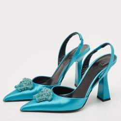Versace Green Satin Crystal Embellished La Medusa Slingback Pumps Size 35
