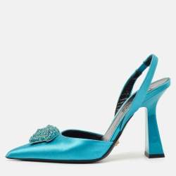 Versace Green Satin Crystal Embellished La Medusa Slingback Pumps Size 35