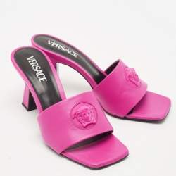 Versace Pink Leather Medusa Slide Sandals Size 38