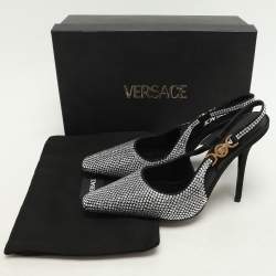 Pre Owned Versace Black Crystal Embellished Satin Medusa Slingback Pumps Size 39
