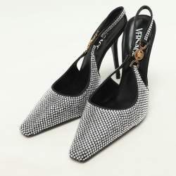 Pre Owned Versace Black Crystal Embellished Satin Medusa Slingback Pumps Size 39