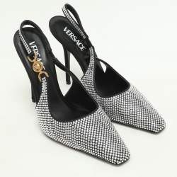 Pre Owned Versace Black Crystal Embellished Satin Medusa Slingback Pumps Size 39