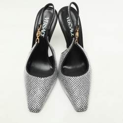 Pre Owned Versace Black Crystal Embellished Satin Medusa Slingback Pumps Size 39