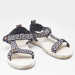 Versace Navy Blue/White Canvas La Greca Flat Sandals Size 43