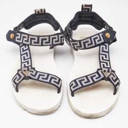 Versace Navy Blue/White Canvas La Greca Flat Sandals Size 43
