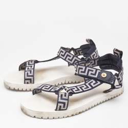 Versace Navy Blue/White Canvas La Greca Flat Sandals Size 43