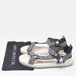Versace Navy Blue/White Canvas La Greca Flat Sandals Size 43