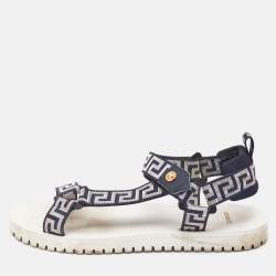 Versace Navy Blue/White Canvas La Greca Flat Sandals Size 43