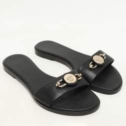 Versace Black Leather Medusa Flat Slides Size 37