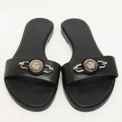 Versace Black Leather Medusa Flat Slides Size 37