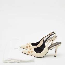 Versace Off White Leather Logo Detail Pointed Toe Slingback Pumps Size 38