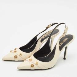 Versace Off White Leather Logo Detail Pointed Toe Slingback Pumps Size 38