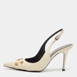 Versace Off White Leather Logo Detail Pointed Toe Slingback Pumps Size 38
