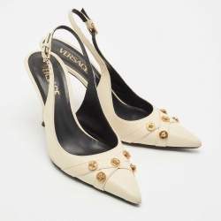 Versace Off White Leather Logo Detail Pointed Toe Slingback Pumps Size 38