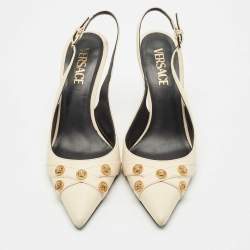 Versace Off White Leather Logo Detail Pointed Toe Slingback Pumps Size 38