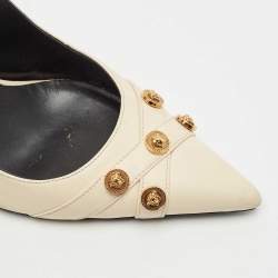 Versace Off White Leather Logo Detail Pointed Toe Slingback Pumps Size 38