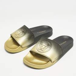 Versace Gold/Black Rubber Medusa Flat Pool Slide Sandals Size 37
