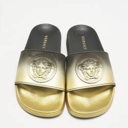 Versace Gold/Black Rubber Medusa Flat Pool Slide Sandals Size 37