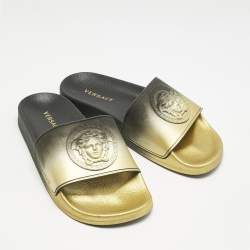 Versace Gold/Black Rubber Medusa Flat Pool Slide Sandals Size 37