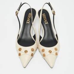 Versace Off White Leather Medusa Logo Pointed Toe Slingback Pumps Size 36
