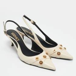 Versace Off White Leather Medusa Logo Pointed Toe Slingback Pumps Size 36