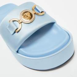 Versace Blue Satin Medusa Biggie Platform Slide Sandals Size 38