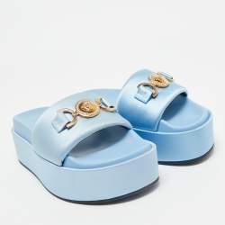 Versace Blue Satin Medusa Biggie Platform Slide Sandals Size 38