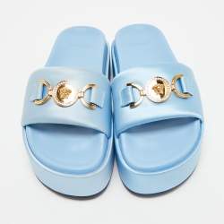 Versace Blue Satin Medusa Biggie Platform Slide Sandals Size 38