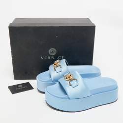Versace Blue Satin Medusa Biggie Platform Slide Sandals Size 38