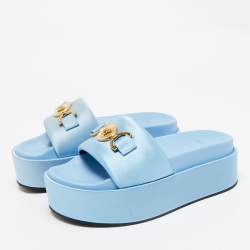 Versace Blue Satin Medusa Biggie Platform Slide Sandals Size 38