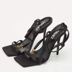 Pre Owned Versace Black Satin Medusa T-Strap Sandals Size 39
