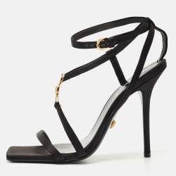 Versace Black Satin Medusa T-Strap Sandals Size 39
