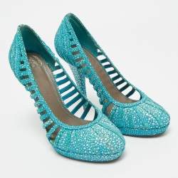 Pre Owned Versace Blue/White Suede Platform Pumps Size 37