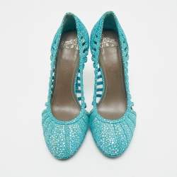 Pre Owned Versace Blue/White Suede Platform Pumps Size 37