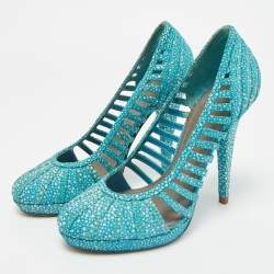 Pre Owned Versace Blue/White Suede Platform Pumps Size 37