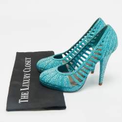 Pre Owned Versace Blue/White Suede Platform Pumps Size 37