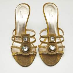 Versace Yellow Lizard Embossed Leather Crystal Embellished Slide Sandals Size 38