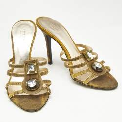 Versace Yellow Lizard Embossed Leather Crystal Embellished Slide Sandals Size 38