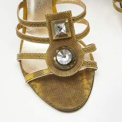 Versace Yellow Lizard Embossed Leather Crystal Embellished Slide Sandals Size 38