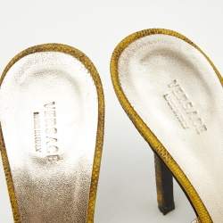 Versace Yellow Lizard Embossed Leather Crystal Embellished Slide Sandals Size 38