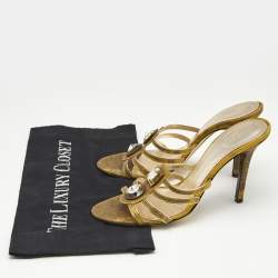 Versace Yellow Lizard Embossed Leather Crystal Embellished Slide Sandals Size 38