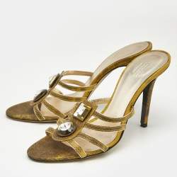 Versace Yellow Lizard Embossed Leather Crystal Embellished Slide Sandals Size 38